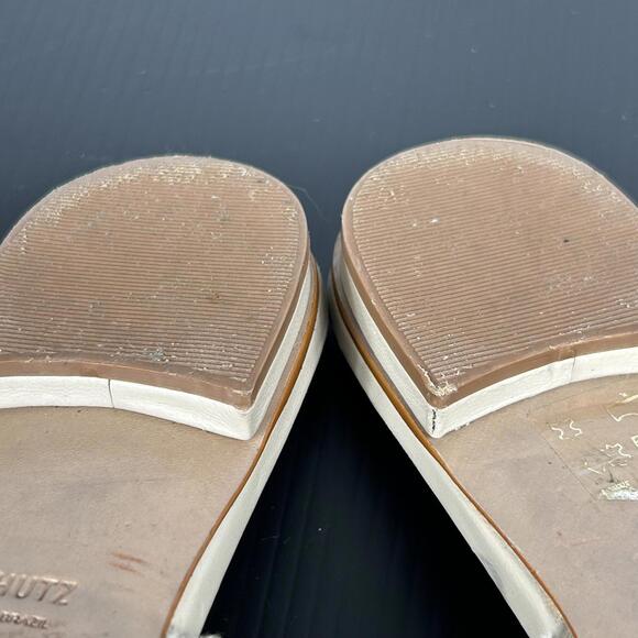 Schutz size 6.5 B Beige Frayed Mules Gold tan canvas Buckle Womens - Picture 12 of 13